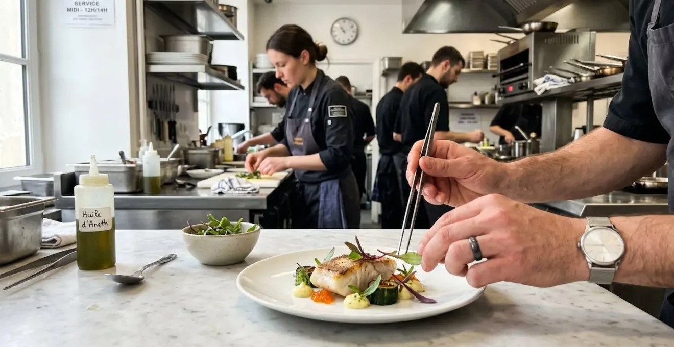 Chef's hands carefully arranging fresh coastal ingredients on a white plate in close-up detail