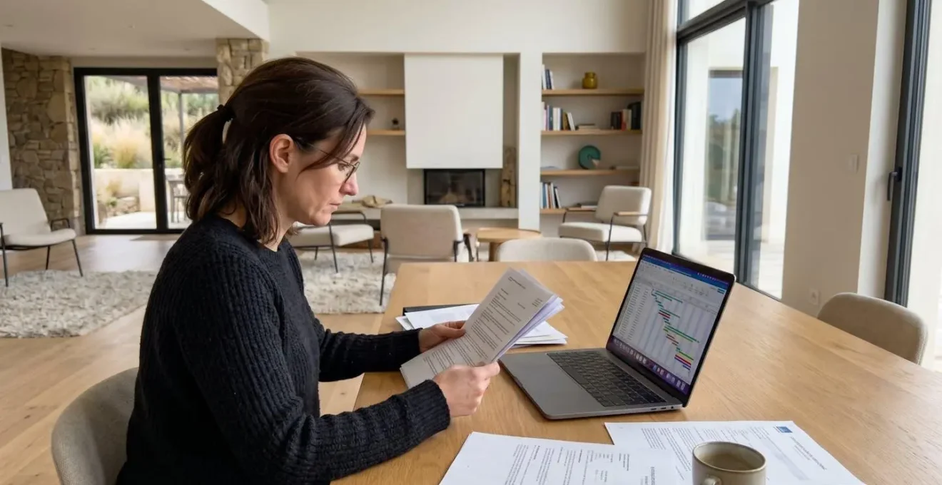 Villa property manager reviewing service checklist in contemporary property with natural daylight
