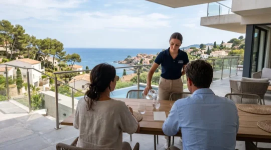 Professional villa staff member serving guests on a sun-drenched terrace overlooking the French coast, guests facing the ocean view