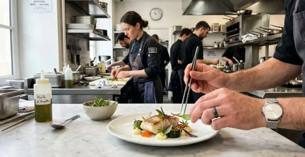 Chef's hands carefully arranging fresh coastal ingredients on a white plate in close-up detail Chef's hands carefully arranging fresh coastal ingredients on a white plate in close-up detail