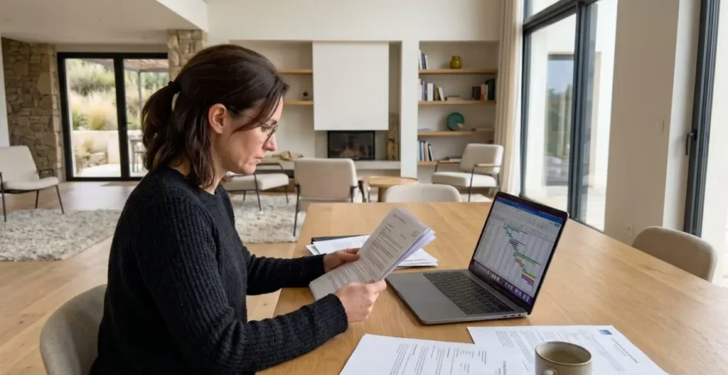 Villa property manager reviewing service checklist in contemporary property with natural daylight Villa property manager reviewing service checklist in contemporary property with natural daylight