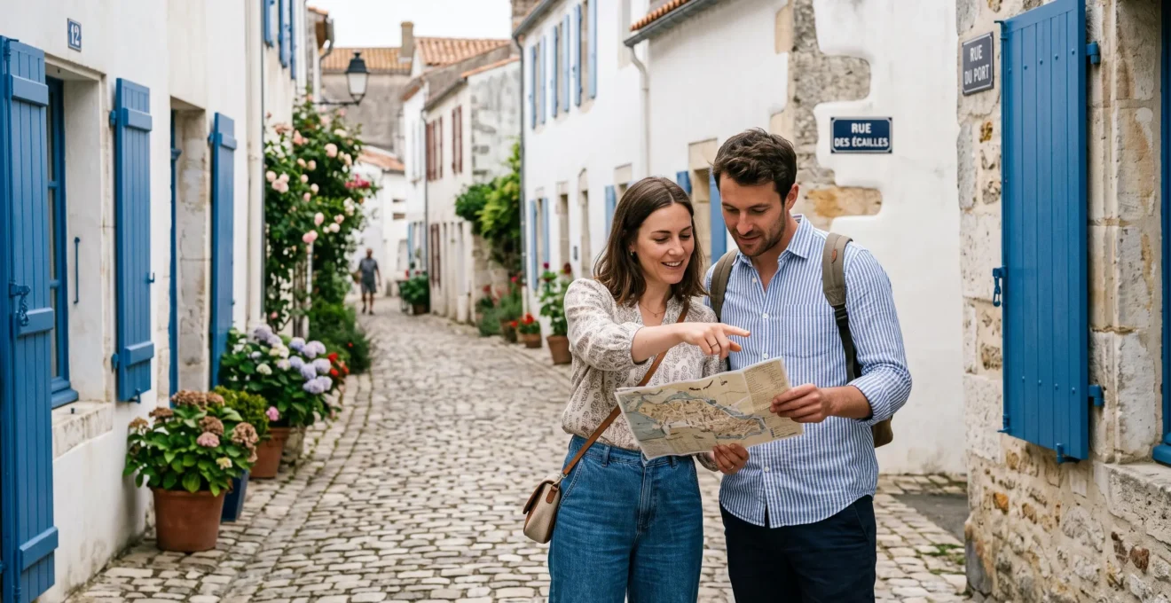 A couple points at a paper map on a quiet street in Saint-Martin-de-Ré.