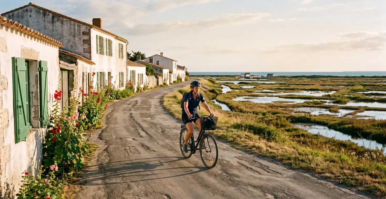 A cyclist rides past whitewashed houses with green shutters near the sea on Île de Ré.