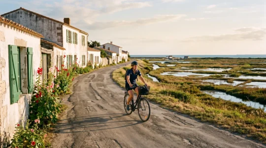 A cyclist rides past whitewashed houses with green shutters near the sea on Île de Ré.