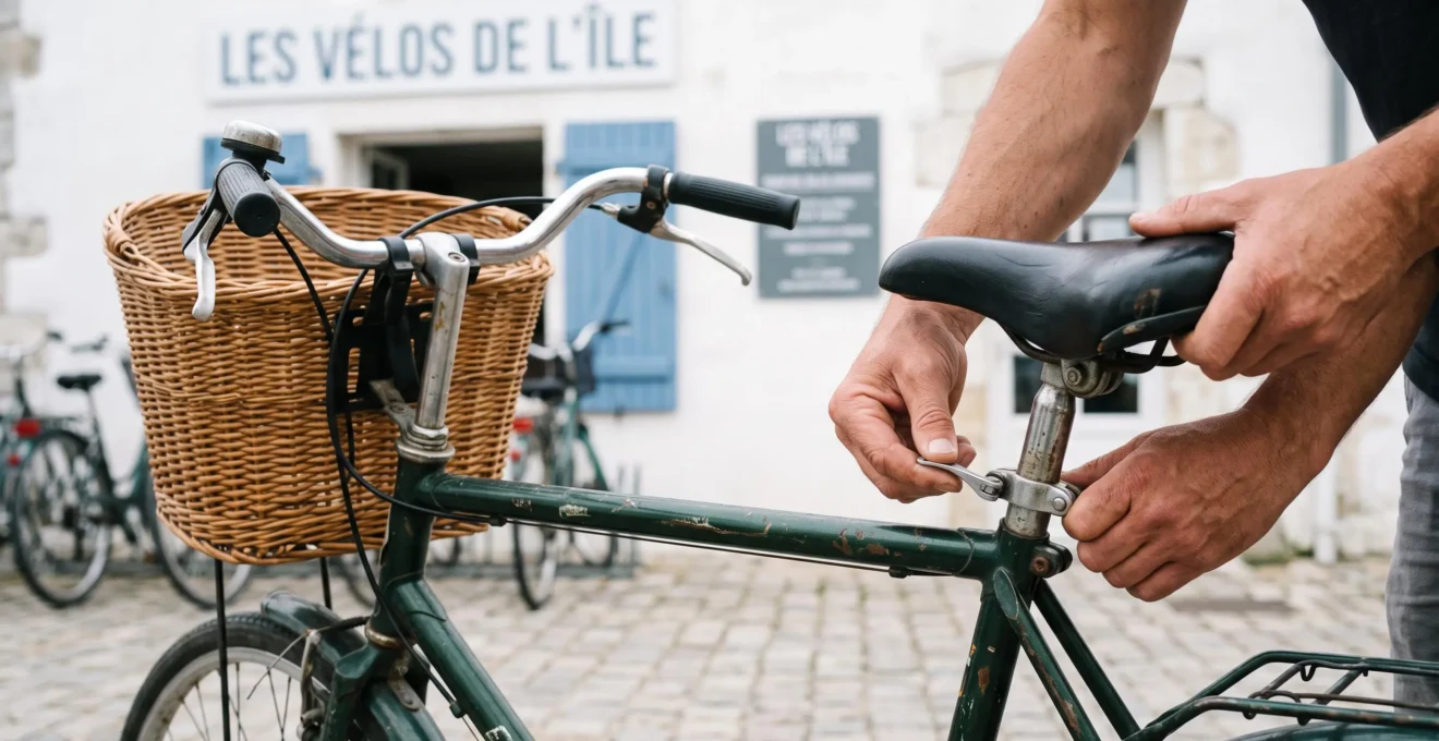 Hands adjust the seat of a rental bicycle in front of a whitewashed wall.