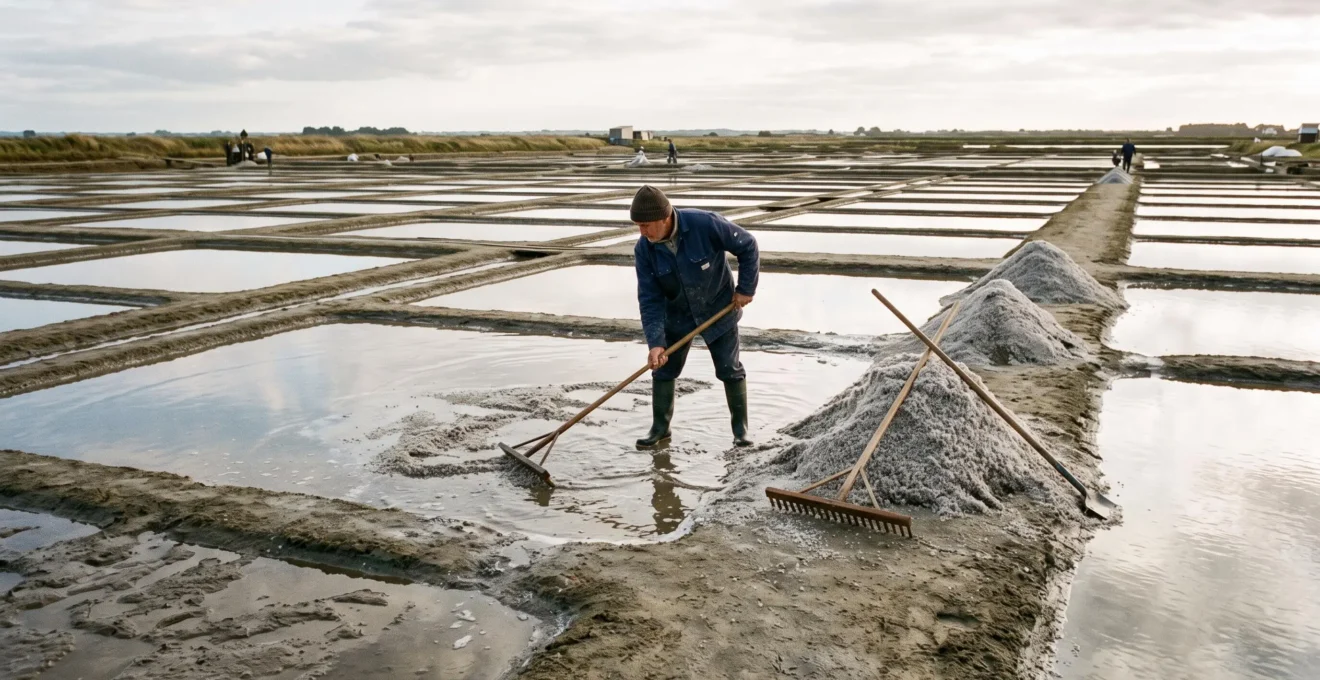 A worker rakes salt pans with mounds of coarse sea salt nearby.